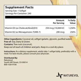 NATUREVOL Vitamin D3 + K2 with Coconut Oil - D3 10,000 IU & K2 (MK-7) 200 mcg | 2-in-1 Bone, Immune, Heart & Joint Support | High Potency, Easy to Swallow | Non-GMO, Gluten & Soy Free - 240 Softgels