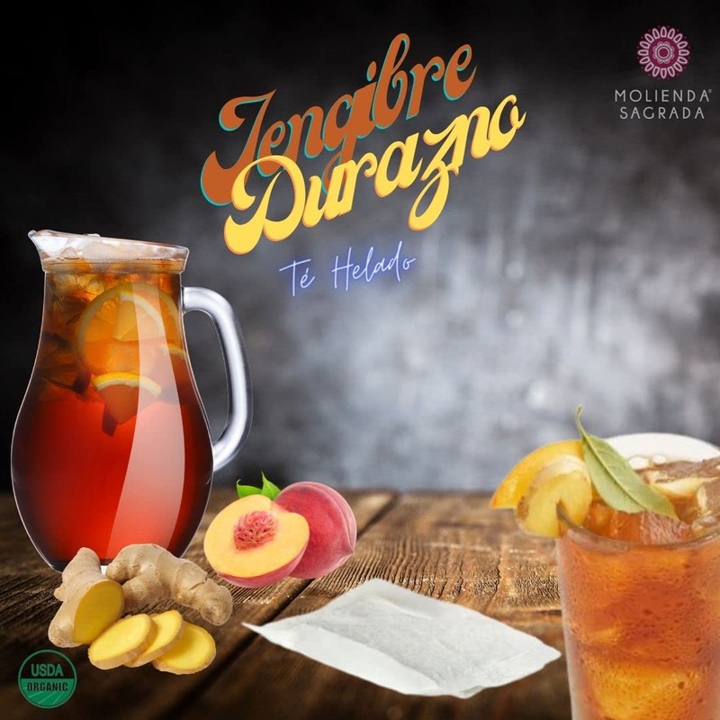 Molienda Sagrada, Té Helado Jengibre Durazno/Infusión de Té Negro Orgánico