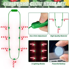 Light up Christmas Necklace, 4PCS Christmas Necklace with Glow Candy Cane Accessories, 3D Light Xmas Necklace with 7 Candy Cane Pendent, 3 Modes Christmas Necklace Decor for Ugly Sweater Family Party
