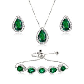 Clearine Women's Jewellery Set for Bride Bridemaids Teardrop Cubic Zirconia Pendant Necklace Earrings Bracelet Set for Wedding Party Emerald Colour Silver-Tone