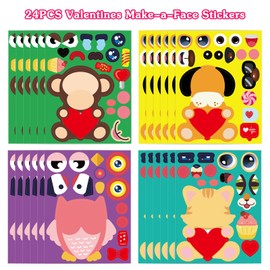 FLYAB Valentine Stickers for Kids 24 Sheets Valentines Make a Face Stickers Make Your Own Monkey Cat Dog Owl Animals DIY Stickers Crafts for Kids Classroom Activities Valentines Day Party Supplies