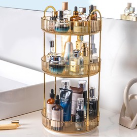 Zufudo Rotating Makeup Organizer Countertop 3 Tier Lazy Susan Trays Clear Skincare Perfume Storage for Bathroom Counter Vanity, Amber Gold