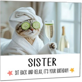 Sister Birthday Card - Sit back and Relax Cat Spa - Funny Birthday Cards for Sister Sis