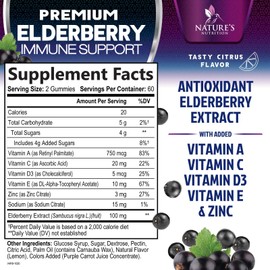 Nature's Nutrition Immune Support Gummies - Powerful Sambucus Elderberry Gummies with Elderberry Extract, Zinc & Vitamin C Gummy, Max Potency Natural Vegan Immune Support Supplement for Adults & Children - 120 Gummies