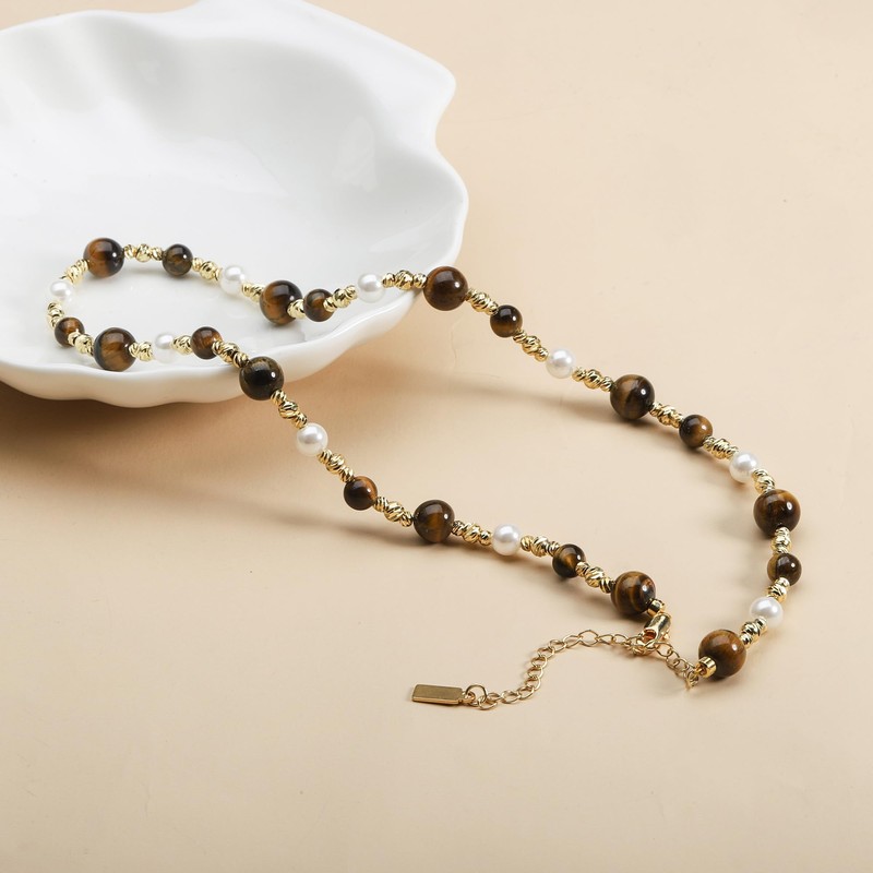 IDOKAWA Natural Tiger Eye Pearl Necklace 18K Gold Beaded Necklace
