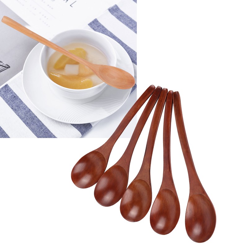 5Pcs Wooden Soup Spoon with Curved Handle Multi Purpose Rice