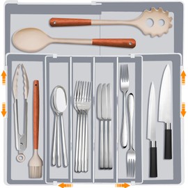 Silverware Drawer Organizer for Kitchen - Adjustable Utensil Holder Drawer Organizer, BPA Free Flatware and Cutlery Tray, Expandable Plastic Storage for Spoons Forks Knives, Grey