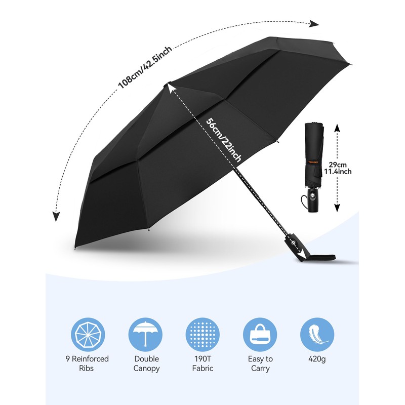 TECKNET Umbrella Windproof Strong for Rain, Large Automatic Folding Umbrella