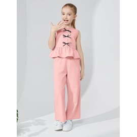 Handfrog Girls’ Clothing Sets Sleeveless Bow Crop Top Wide Leg Linen Pants 2025 Summer Outfits Cute Kids Clothes