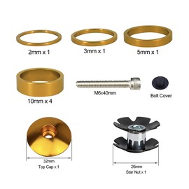 PLATTBK Bike Headset Spacer 1 1/8 Inch,Aluminium Alloy Bicycle Headset Spacers with Stem Top Cap,Headset Star Nut for MTB BMX Road Bike,Gold