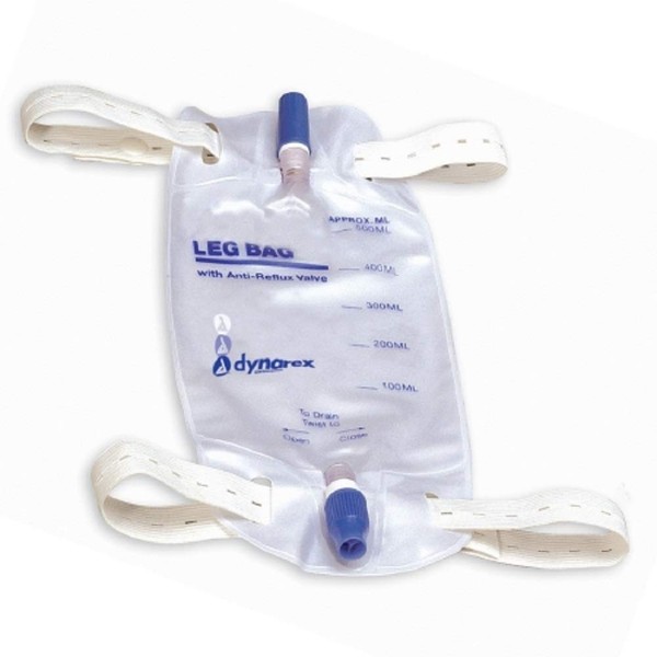 Dynarex Urinary Leg Bag, for Use with Catheter, has a Non-Drip Closure & Anti-Reflux Valve, 600 ml/20 oz Capacity, Medium, White, 1 Box of 12 Leg Bags