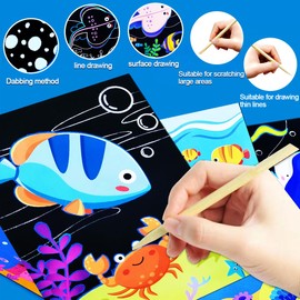 JUNQIU Scratch Art for Kids, Ocean Animals Black Rainbow Scratch Art Paper Set-Arts and Crafts Kits & Supplies, Party Games & Activity, Gifts for Toddlers Girls & Boys Birthday Christmas
