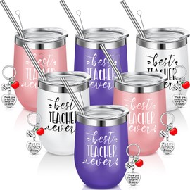 Didaey 12 Pcs Teacher Appreciation Gifts Bulk 12 oz Teacher Appreciation Cups for Women with 6 Best Teacher Ever Cup and 6 Keychains Thank You Teacher Birthday Retirement Gifts(Fresh Color)