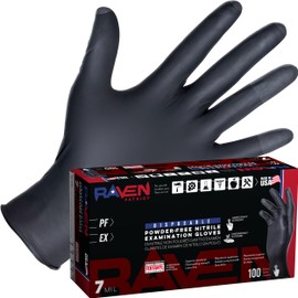 SAS Raven Patriot Powder-Free Nitrile Disposable Gloves | 7 Mil - Lrg | Black, Box of 100| Latex Free, Compression Fit, Textured Grip | Paint, Automotive, Industrial, Janitorial, Food Service