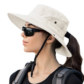 Women's Sun-Hat Ponytail-Beach-Bucket-Hat - Summer UV-Protection Mesh-Wide-Brim-Foldable-Hat with Ponytail Hole Beige
