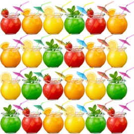 Weysat 24 Pcs 24 Oz Plastic Fish Bowl for Drinks and 50 Pcs Umbrella Drinking Straws Clear Goldfish Bowl for Summer Pool Carnival Party Supplies Table Centerpieces Decorations
