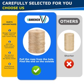 Vanhench 400Feet Natural Jute Twine String, Bulk Hemp Jute Rope Cord Twine for Crafts Gardening, Gift Wrapping, Arts & Crafts, Wedding Décor, Packing Material Burlap Ribbon, Christmas Twine