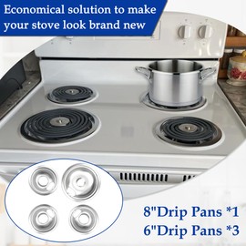4 Pack (3) 6" & (1) 8" Electric Stove Burner Covers, Replacement Stainless Steel Drip Pans for Whirlpool W10278125 W10196405 W10196406