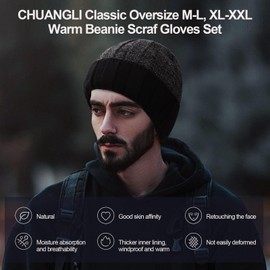 Mens Oversize XXL Winter Knit Warm Hat Fleece Beanie+Long Scarf+Touch Screen Gloves Set Skull Caps for Men Big Head