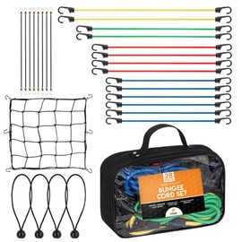 Heavy Duty 28pc Bungee Cord Set with Hooks, Canopy Ties, Luggage Net & Organizer Bag - Assorted Sizes (18", 24", 32", 40") for Outdoor, Bike Racks, Motorcycles