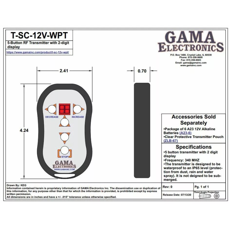 GAMA Electronics 5-Button RF Transmitter with 2-digit display for Speed