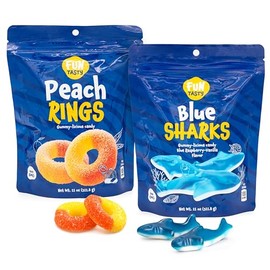 Gummy Sharks, Peach Rings - 2 Packs (22 Oz Total) - Gummy Candy for Snacking, Sharing, Gift Baskets & Dessert Decorating - Chewy Candy with Blue Raspberry & Peach Flavors