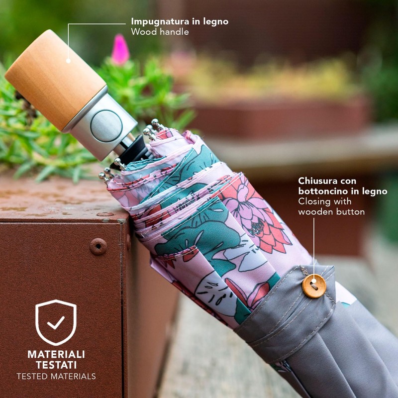 PERLETTI Green Women's Pocket Umbrella Ecologically Automatic Compact Small Umbrella