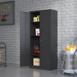 BIZOEIRON Metal Storage Cabinet with Adjustable Shelves, Garage Tool Cabinet with 2 Lockable Doors for Office, Home, Garage, Require Assembly, Black