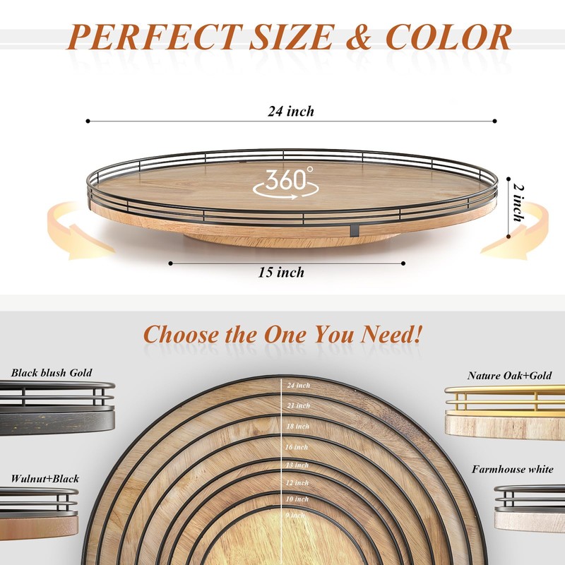 24" Lazy Susan Oak Wood Turntable Organizer for Cabinet, Farmhouse