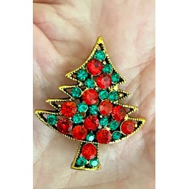 Unbranded Red Green Rhinestones Christmas Tree Brooch
