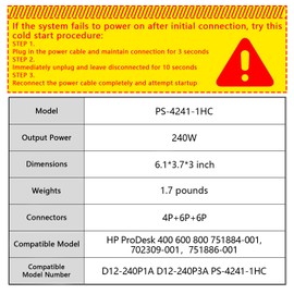 PS-4241-1HA 240W Power Supply Compatible with HP ProDesk 400 600 800 G1 G2 SFF, P/N: 751884-001, 751886-001, 702307-001, 702455-001 702309-001