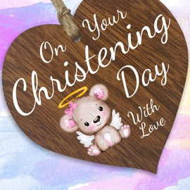 Christening Gifts for Girls Her - On Your Christening Day Hanging Wooden Heart Sign Plaque for Mummy Daddy - Dark Wood Hearts, First Communion Christening Gifts, Christian Religious Gift, Keepsake