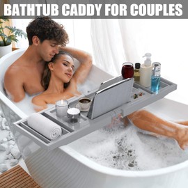 Bathtub Tray Caddy, Expandable Bath Trays for Tub, Bamboo Shelf & Table with Wine Glass Holder,Bathroom Accessories for New Home & Mothers Day & Birthday Gifts for Mom,Gray