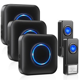 Bitiwend Wireless Doorbell, Waterproof Wireless Doorbell, 2 Transmitters and 3 Receivers with 300 m Range, 52 Ringtones LED Display (Black)