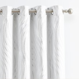 Xwincel 100% Blackout Curtains White and Silver Foil Pattern Curtains 63 Inches Long for Bedroom Metallic Silver Wave Print Drapes for Living Room Thermal Insulated Grommet Window Curtains 2 Panel Set