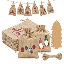 G2PLUS Christmas Drawstring Burlap Gift Bags, 24 Days Christmas Advent Calendar Bags, 8 Designs Buffalo Plaid Xmas Gift Bags with Christmas Tree Tags, 5×7 inch Goodie Bag for Xmas Holiday Party Favors