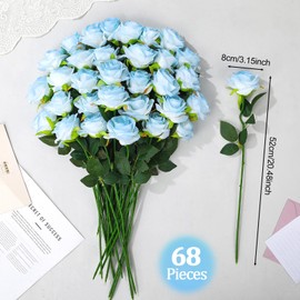 Ovveroche 68 Pcs Ice Blue Artificial Roses Fake Flowers,Silk Flowers with Stems for DIY Wedding Bridal Shower Centerpieces Arrangements Tables Decorations