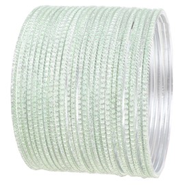 NEW! Touchstone "Pastel Color Bangle Collection", Indian Bollywood Hand Drilled Silver Tinge Pistachios Color Designer Jewelry Bracelets Bangle. Set Of 24. For Women.