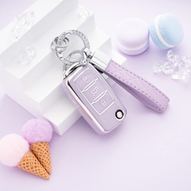 Flensent Key Fob Cover with Keychain for VW Tiguan Touareg Jetta Beetle CC Eos Golf GTI Passat (Purple)