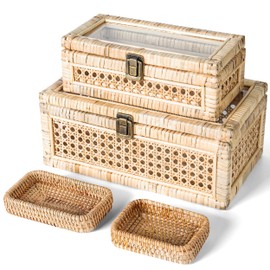 Rattan Display Boxes with Glass Lids - Rectangular Decorative Storage Baskets for Shelf - Set of 2 Woven Wicker Boho Home Decor Organizers - 2 Removable Rattan Storage Trays