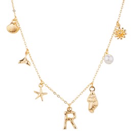 Initial Charm Necklace for Women, Gold Shell Letter Necklaces Seashell Starfish A-Z Alphabet Pendant Necklace Boho Summer Beach jewelry Gift for Girls Teens (R)