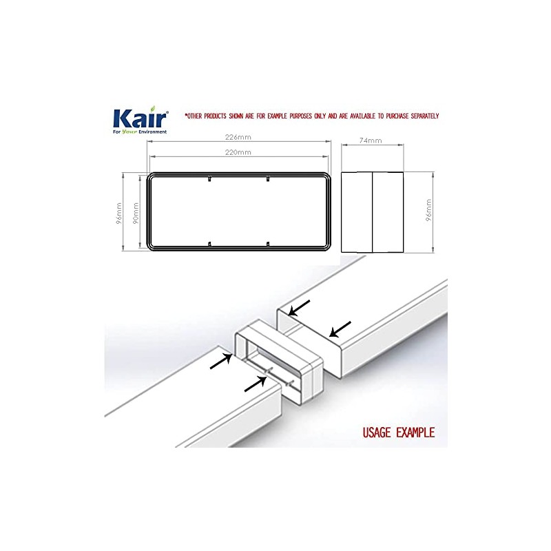Kair Rectangular Straight Connector 220mm x 90mm Flat Pipe Joint