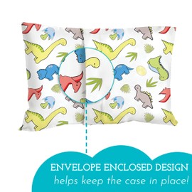 Little Sleepy Head Youth Pillow Case - 100% Made Cotton & Hypoallergenic Pillow Case - Snug Fit Envelope Pillowcase Enclosure - Youth Pillow 16x22 Size - (Dinosaurs White) Design Travel Pillow Cover