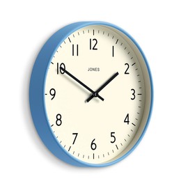 JONES CLOCKS® Studio Wall Clock | Modern Round Style | 12 inch | Mid Blue | Easy to Read Numbers | Versatile Design for Kitchen, Living Room or Office