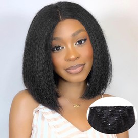 Yargel Hair 12 Inch Kinky Straight Clip in Hair Extensions for Black Women Yaki Straight Clip ins Full Head Seamless Synthetic Hair Pieces(2 pack)