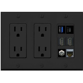 RiteAV USB 3 USB C 2 HDMI Coax Cat7 Wall Plate - 3G Dual Outlet [Black/Black]