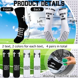 4 Pairs Cross Grip Soccer Socks with Bible Verse Anti Slip Religious Jesus Christian Football Sock with Rubber Dots