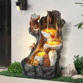 Dephet Outdoor Garden Water Fountain with Cascading Rock, 4-Tiers Fountains and Waterfalls with LED Lights,Indoor/Outdoor Modren Floor Standing Water Feature w/2 Squirrel Decor for Patio, Backyard