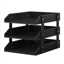 Leather Desk Organizer, Thipoten 3-Tier Stackable Letter Tray Holder for Office Supplies, Paper, File, Magazine, Perfect Office Organization for Desktop (Black-3Tiers)