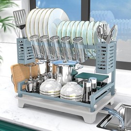 2-Tier Dish Drying Rack w/ Drainboard & Utensil Holders, Rust-Proof, Large Capacity for Kitchen Counter, Space-Saving Dish Organizer - Color: Blu